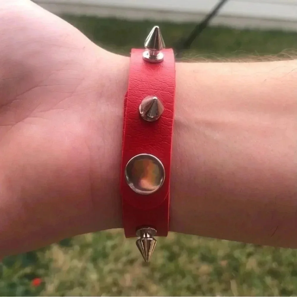 Red Leather Punk Goth Rock Spike Metal Stud Snap Cuff Bracelet NWT